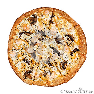 Closeup pizza with mushrooms and shrimp isolated on white. Stock Photo