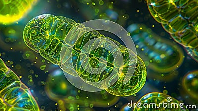 A closeup of a plant cells mitochondria the powerhouse of the cell that produces energy. The image reveals the elongated Stock Photo