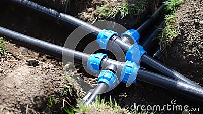 Closeup of plastic pipes of plant watering system in gardens Stock Photo