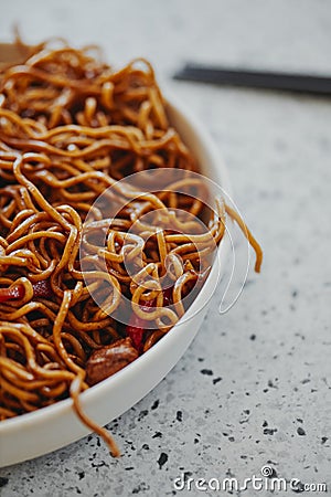 Closeup of a plate with chicken yakisoba noodles Stock Photo