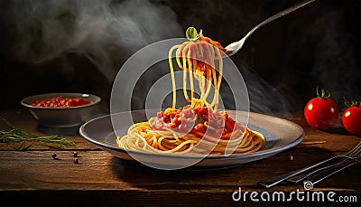 Plate with Italian Spaghetti Pasta with Tomato Sauce and Fork - Generative Ai Stock Photo