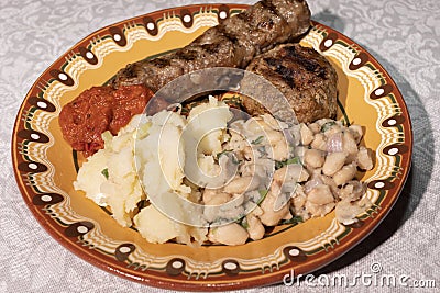 Closeup Plate With Traditional Bulgarian Food. Mashed Potato, White Beans, Haricot Stock Photo