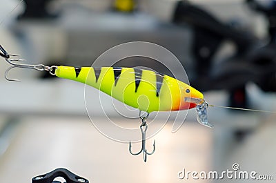 Closeup of plug fishing. Plugs are a popular type of hard-bodied fishing lure Stock Photo