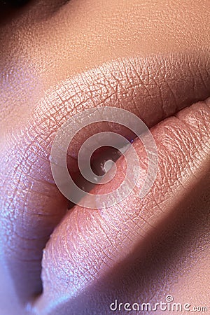 Closeup plump Lips. Lip Care, Augmentation, Fillers. Macro photo with Face detail. Natural shape with perfect contour Stock Photo