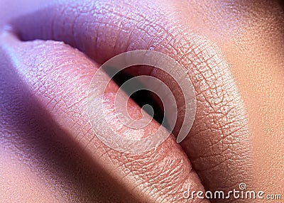 Closeup plump Lips. Lip Care, Augmentation, Fillers. Macro photo with Face detail. Natural shape with perfect contour Stock Photo