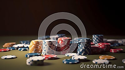 Closeup of poker chips on green felt card table Illustration AI Generative Stock Photo