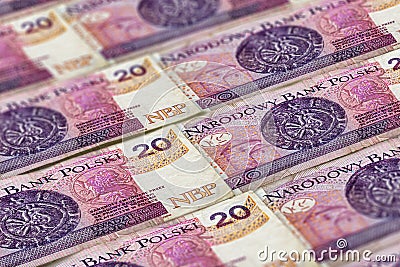 Closeup Polish zloty banknotes background. PLNpattern Stock Photo