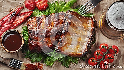 Closeup of pork ribs grilled with BBQ sauce and caramelized in honey on a paper. Tasty snack to beer. Top view. flat lay Stock Photo