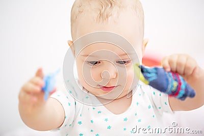 Closeup portrait of adorable child isolated on white background Stock Photo