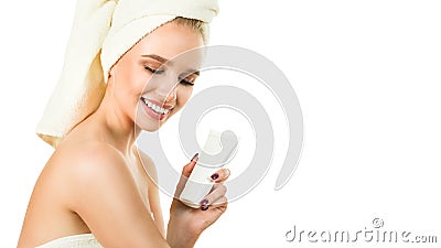 Closeup portrait of attractive caucasian smiling woman blond isolated on white Stock Photo