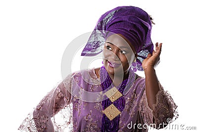 Closeup portrait of beautiful African model in traditional purple costume,isolated Stock Photo