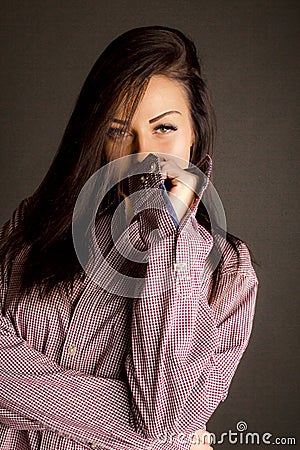 Closeup Portrait Beauty Young Woman Plaid Shirt Posing Grey Studio Stock Photo