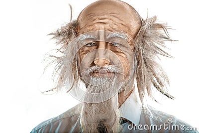 Closeup portrait of crazy oldman on white background Stock Photo