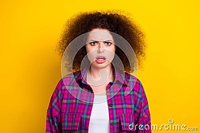 Closeup portrait of funny aggressive woman confused bad news chevelure hairstyle open mouth unexpected reaction isolated Stock Photo