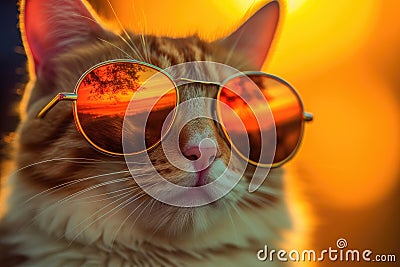 Closeup portrait of funny ginger cat wearing sunglasses.AI generated Stock Photo