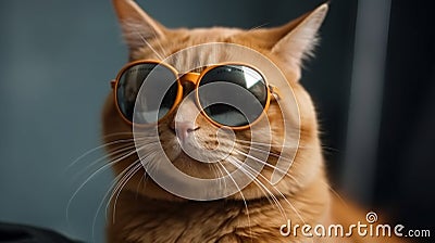 Closeup portrait of ginger cat wearing sunglasses. Generative AI Stock Photo