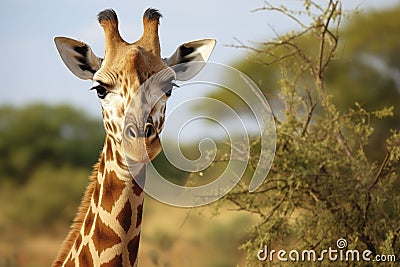 Closeup portrait giraffe on blue sky background looking down Stock Photo