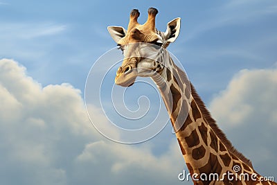 Closeup portrait giraffe on blue sky background looking down Stock Photo