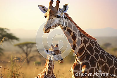 Closeup portrait giraffe and child giraffe on blue sky background looking down Stock Photo