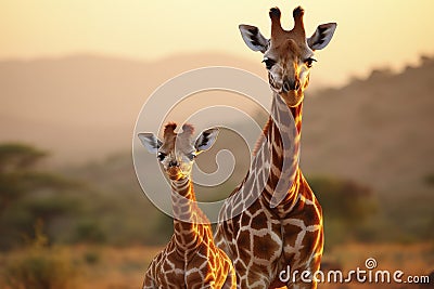 Closeup portrait giraffe and child giraffe on park background looking down Stock Photo