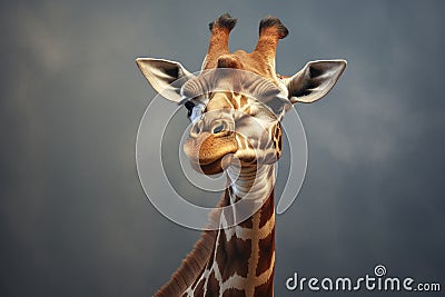 Closeup portrait giraffe on grey background looking down Stock Photo