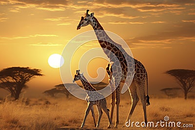 Closeup portrait giraffe and child giraffe on park background looking down Stock Photo