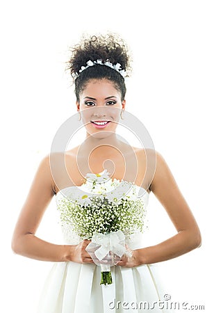 Closeup portrait of hispanic bride holding flower Stock Photo