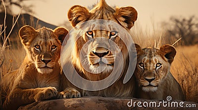 Closeup portrait of lion pride family in african savanna with adults and young Stock Photo