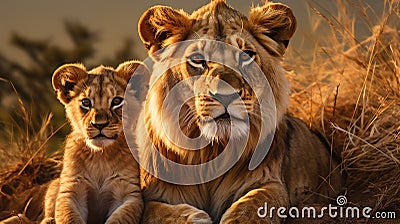 Closeup portrait of lion pride family in african savanna with adults and young Stock Photo