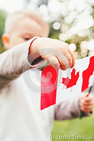 Closeup portrait of little blond Caucasian boy child hand holding Canadian flag Stock Photo