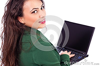 Closeup portrait of a pretty businesswoman with laptop, smiling Stock Photo