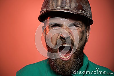 Closeup portrait screaming construction worker in hard hat. Angry builder in safety helmet. Shouting bearded man in Stock Photo