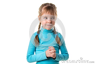 Closeup portrait of sneaky, sly, scheming girl plotting something isolated on white background. Negative human emotions Stock Photo