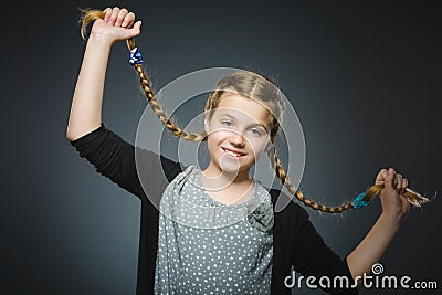 Closeup portrait successful happy girl isolated grey background. Stock Photo