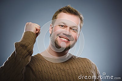 Closeup portrait successful happy man isolated grey background. Stock Photo