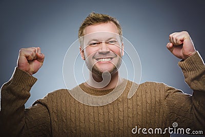 Closeup portrait successful happy man isolated grey background. Stock Photo