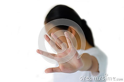 Closeup portrait of , unhappy, mad young girl, raising hand up to say, no stop right there. Stock Photo