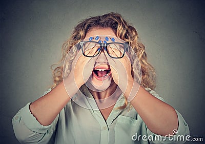 Closeup portrait woman in glasses covering face eyes with both hands Stock Photo
