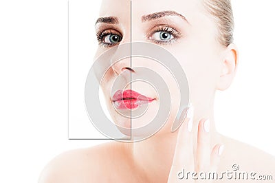 Closeup portrait of woman using cream for correction of wrinkles Stock Photo