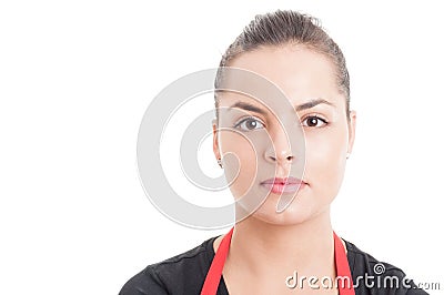 Closeup portrait of young beautiful store employee Stock Photo