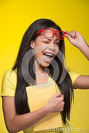 Closeup portrait of young winking woman. Stock Photo