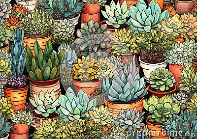 Closeup Potted Plants Table Illustration Tiled Header Colored Pe Cartoon Illustration