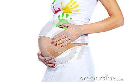 Closeup of pregnant woman stomach isolated on white Stock Photo