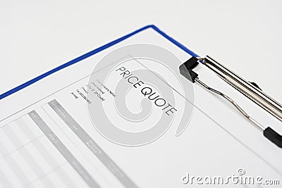 Closeup of a Price Quote form on a blue clipboard Stock Photo