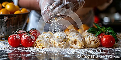 Closeup of process of making cooking homemade pasta. Chef make fresh italian traditional pasta Stock Photo