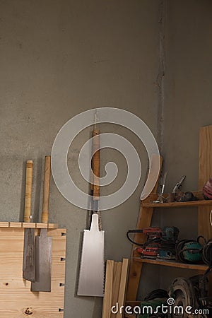 Closeup of professional instruments in the carpentry Stock Photo