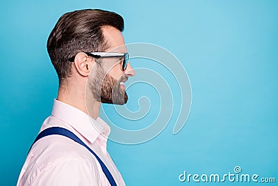Closeup profile photo of handsome business man successful young chief boss worker look empty space beaming smile wear Stock Photo