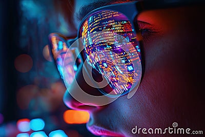 Closeup programmer types illuminated keyboard. Code reflects in eyeglasses. Fast-paced software development. Nighttime intense Stock Photo
