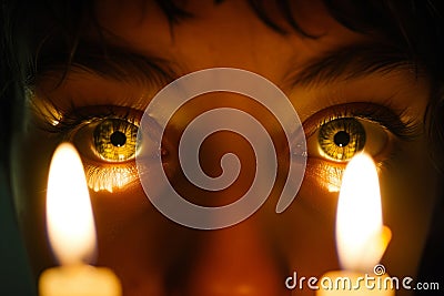 closeup of psychics eyes with candlelight reflected Stock Photo