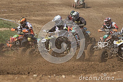 Closeup of quad riders in turn after the start Editorial Stock Photo